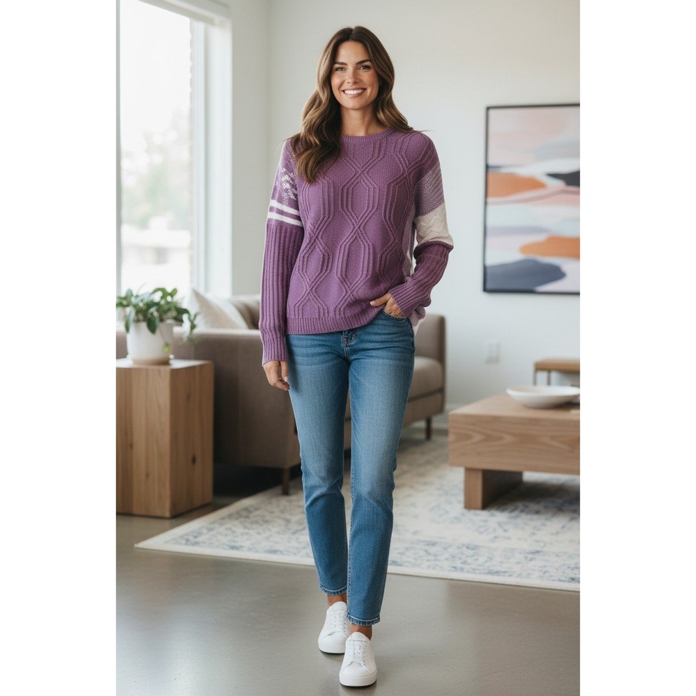 Simply Southern Maya Sweater Womens Grape Purple Colorblock Gingham Medium NWT